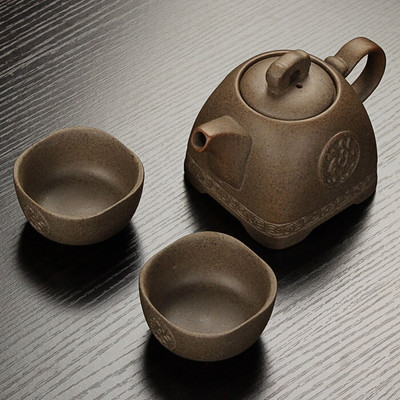 Kínai retro Durva kerámia utazó teáskészlet 2 csésze+1 edény, kézzel készített kerámia teáskanna vízforraló porcelán gaiwan teáscsésze, teáscsésze teáskanna