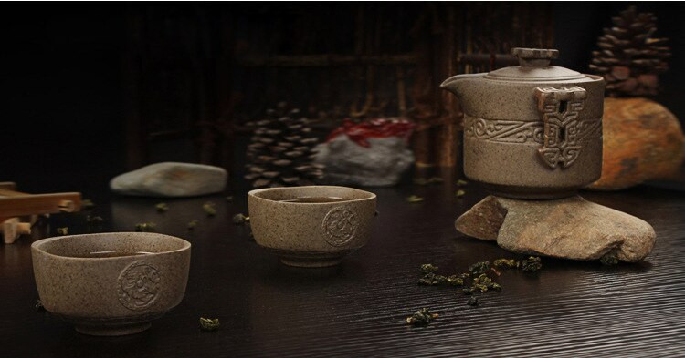 Kínai retro Durva kerámia utazó teáskészlet 2 csésze+1 edény, kézzel készített kerámia teáskanna vízforraló porcelán gaiwan teáscsésze, teáscsésze teáskanna