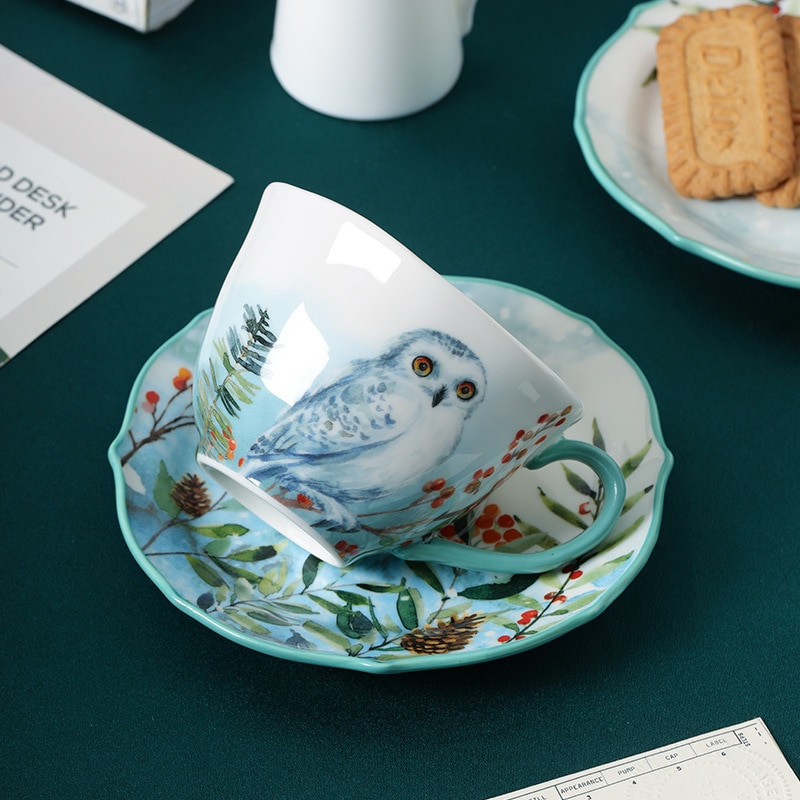 Rankomis dažytas keraminis puodelis su lėkštėmis Pusryčių puodelis Miško gyvūnai Puodeliai Kavos puodelių rinkinys su desertine lėkšte