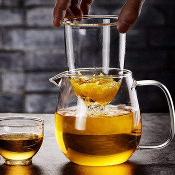 Топлоустойчива стъклена кана за чай и чаша Комплект китайски кунг-фу чай Чайник с цветя Чаша за чайник Стъклен чайник с филтър Пуер чай