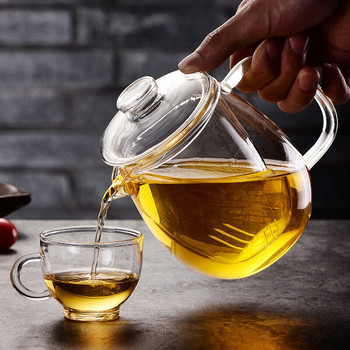 Топлоустойчива стъклена кана за чай и чаша Комплект китайски кунг-фу чай Чайник с цветя Чаша за чайник Стъклен чайник с филтър Пуер чай