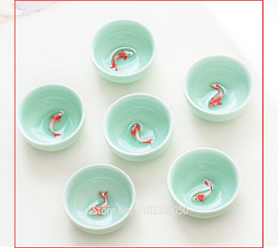 6 vnt Celadon Golden Fish Kinijos arbatos puodelių rinkinys, kung Fu molio zi sha Crackle Glaze Travel Tea Bowl Kiniško porceliano arbatos puodelių rinkinys