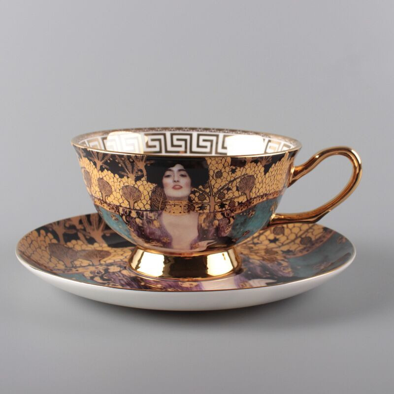 Kávéscsésze és csészealj készlet Klimt Judith Vintage Bone China Gustav Klimt csésze porcelán italos edény Teáscsészék kanállal