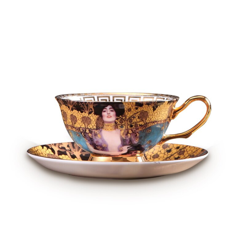 Kávéscsésze és csészealj készlet Klimt Judith Vintage Bone China Gustav Klimt csésze porcelán italos edény Teáscsészék kanállal