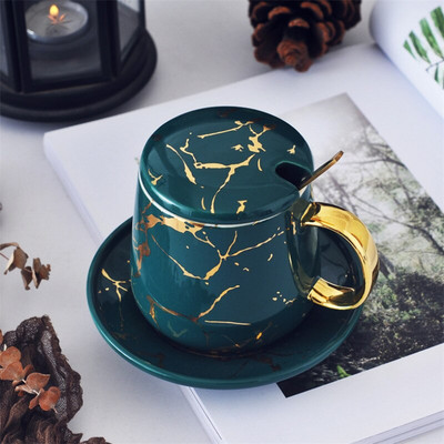 Europska mala luksuzna keramička šalica za kavu i tanjurić s uzorkom od mramora s poklopcem Kreativna šalica za doručak Domaća šalica za čaj Posuđe za piće