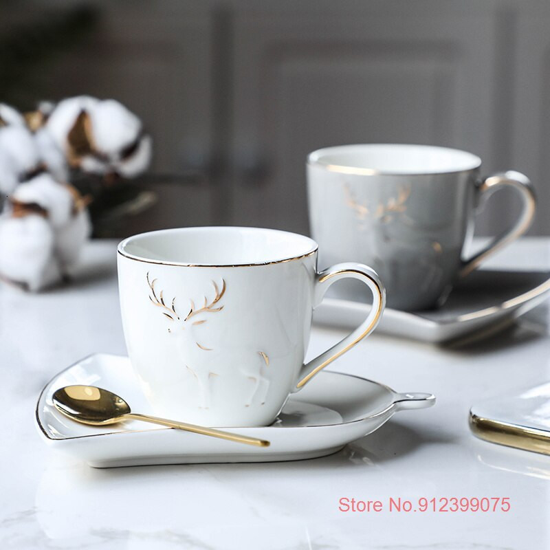 Nordic Light Luxus Elk körvonal arany színben cappuccino kávéscsésze kreatív csészealj teáskanál készlettel Illatos tea Cafe eszpresszó bögre