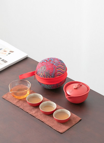 Топлоустойчив чайник от стъкло и керамика с 3 чаши Преносим комплект за чай за пътуване