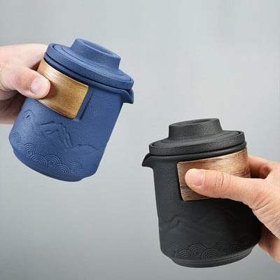 Japoniški keraminiai arbatinukai su 3 puodelių reljefiniu kalnų nešiojamu kelioniniu arbatos rinkiniu