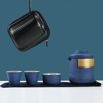 Japoniški keraminiai arbatinukai su 3 puodelių reljefiniu kalnų nešiojamu kelioniniu arbatos rinkiniu