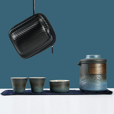 Japoniški keraminiai arbatinukai su 3 puodelių reljefiniu kalnų nešiojamu kelioniniu arbatos rinkiniu