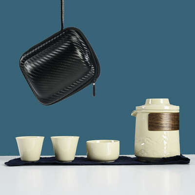 Japoniški keraminiai arbatinukai su 3 puodelių reljefiniu kalnų nešiojamu kelioniniu arbatos rinkiniu