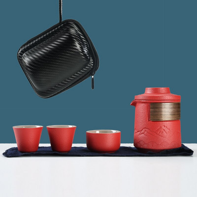 Japoniški keraminiai arbatinukai su 3 puodelių reljefiniu kalnų nešiojamu kelioniniu arbatos rinkiniu