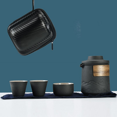 Japoniški keraminiai arbatinukai su 3 puodelių reljefiniu kalnų nešiojamu kelioniniu arbatos rinkiniu