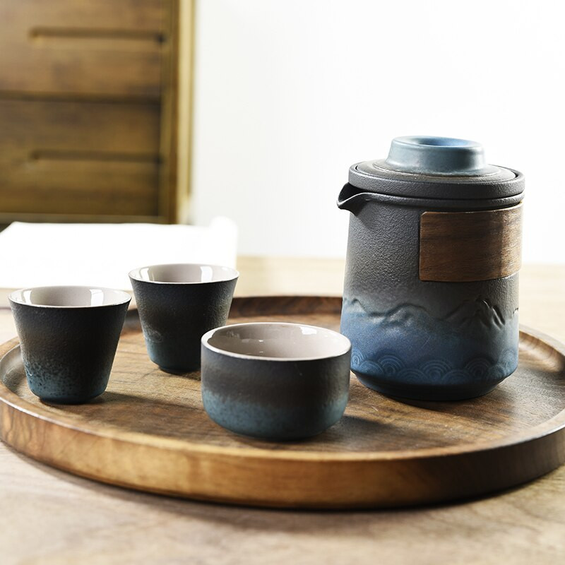 Japoniški keraminiai arbatinukai su 3 puodelių reljefiniu kalnų nešiojamu kelioniniu arbatos rinkiniu