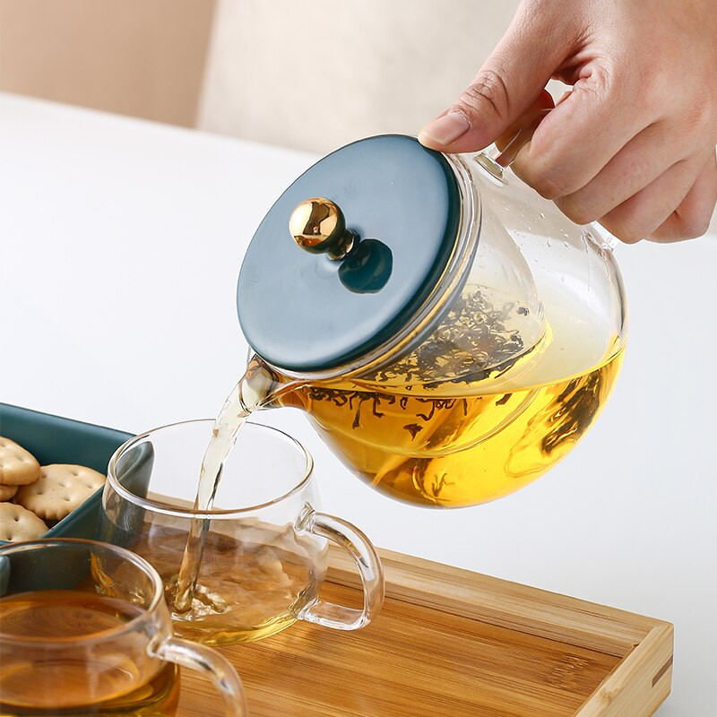 Háztartási magas hőmérsékletnek ellenálló üveg teáskanna tealefolyó szűrővel Teafőző átlátszó üveg délutáni teáskészlet