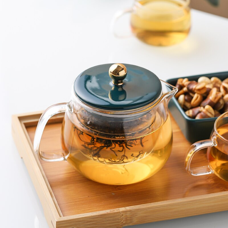 Háztartási magas hőmérsékletnek ellenálló üveg teáskanna tealefolyó szűrővel Teafőző átlátszó üveg délutáni teáskészlet