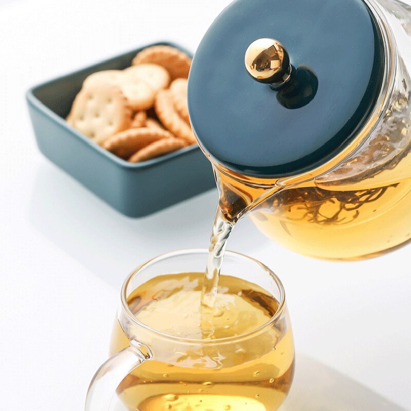 Háztartási magas hőmérsékletnek ellenálló üveg teáskanna tealefolyó szűrővel Teafőző átlátszó üveg délutáni teáskészlet