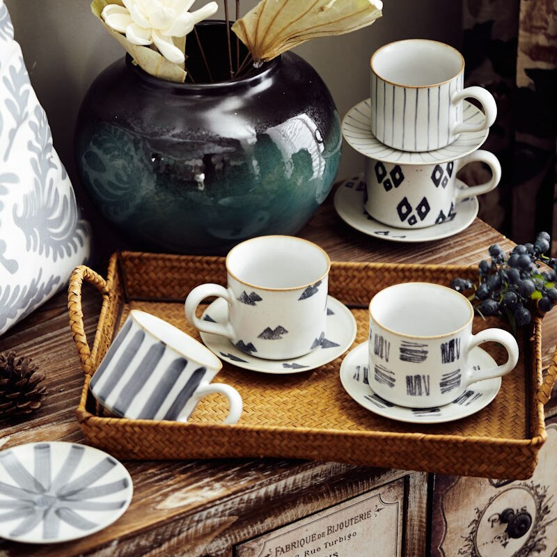 Set ceașcă de cafea și farfurii din ceramică, lucrate manual, în stil japonez, retro, simplă, ceașcă de cafea cu latte, ceașcă de ceai cu lapte, veselă de birou