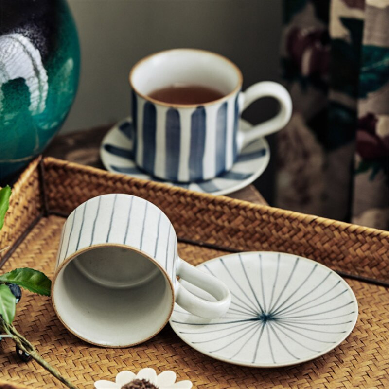 Set ceașcă de cafea și farfurii din ceramică, lucrate manual, în stil japonez, retro, simplă, ceașcă de cafea cu latte, ceașcă de ceai cu lapte, veselă de birou