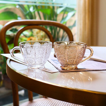 Nordic Glass Coffee Cup Luxury Relief Μοτίβο λουλουδιών Κούπες καφέ Σετ πιατάκι κοστουμιού Διαφανές ζεστά και κρύα ποτά Φλιτζάνι τσαγιού γάλα