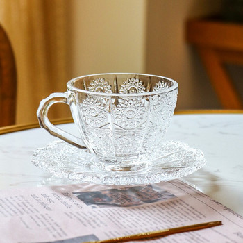 Nordic Glass Coffee Cup Luxury Relief Μοτίβο λουλουδιών Κούπες καφέ Σετ πιατάκι κοστουμιού Διαφανές ζεστά και κρύα ποτά Φλιτζάνι τσαγιού γάλα