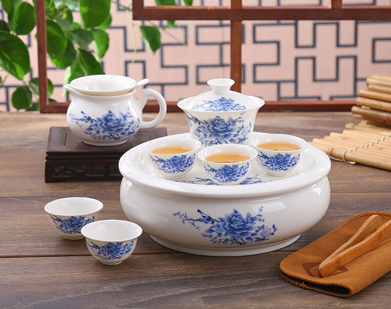 8db-os készlet, csontporcelán kung fu teáskanna és csésze készlet, kerámia teaszertartási készlet, japán gong fu teáskészlet, kínai esküvői teáskészlet