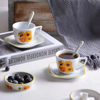 2 σετ Art Sunflower Coffee Poucer Set 100ML 3,5Oz Boutique Bet Mini Cup Espresso Decal Κούπα καφέ για δώρο