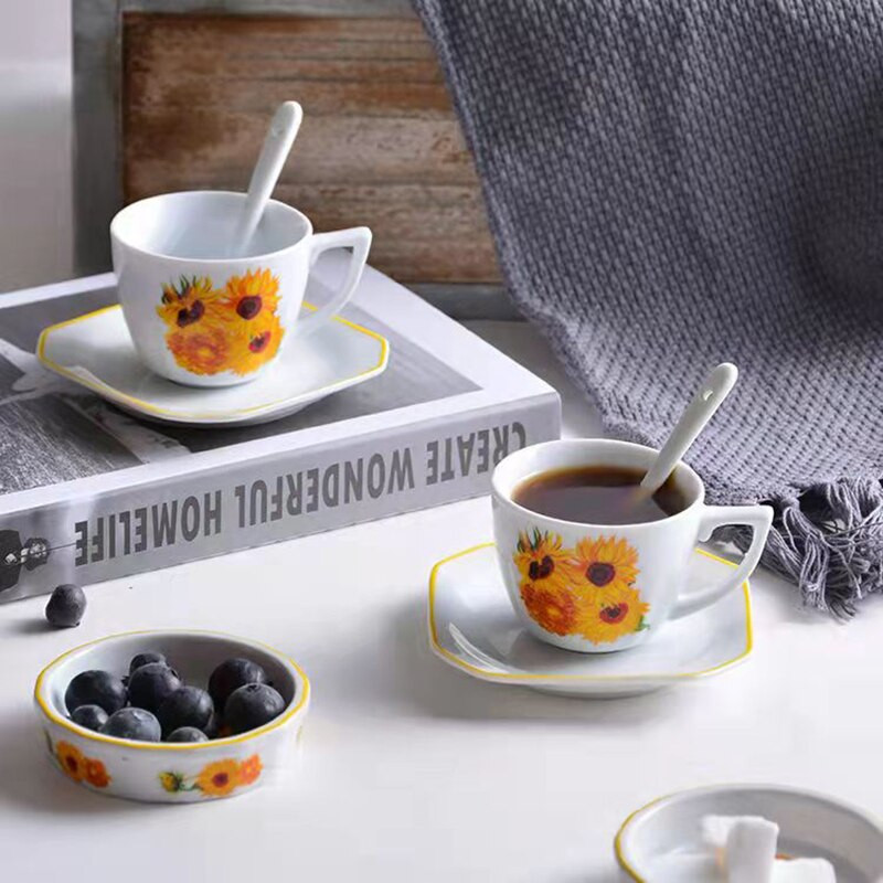 2 készlet Art napraforgó kávés csésze csészealj készletek 100 ml 3,5 oz Boutique Bet Mini eszpresszó csésze tányér matrica bögre kávés csésze ajándéknak