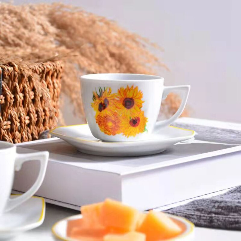 2 készlet Art napraforgó kávés csésze csészealj készletek 100 ml 3,5 oz Boutique Bet Mini eszpresszó csésze tányér matrica bögre kávés csésze ajándéknak