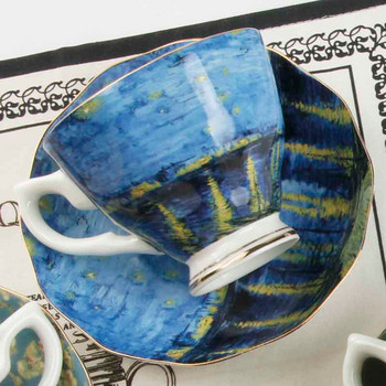 Ωραία Διάσημη Ελαιογραφία Σχέδιο Bone China Σετ Πιατάκι για φλιτζάνι καφέ Sunflower Starry Night Art Tea Glass Tasse Cafe Tazas