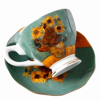 Szép híres olajfestmény Design Bone China kávéscsésze csészealj készletek napraforgó csillagos éjszakai művészet tea pohár Tasse Cafe Tazas