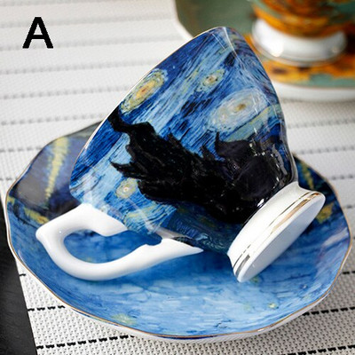 Szép híres olajfestmény Design Bone China kávéscsésze csészealj készletek napraforgó csillagos éjszakai művészet tea pohár Tasse Cafe Tazas