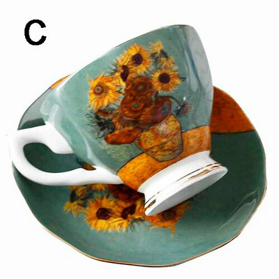 Szép híres olajfestmény Design Bone China kávéscsésze csészealj készletek napraforgó csillagos éjszakai művészet tea pohár Tasse Cafe Tazas