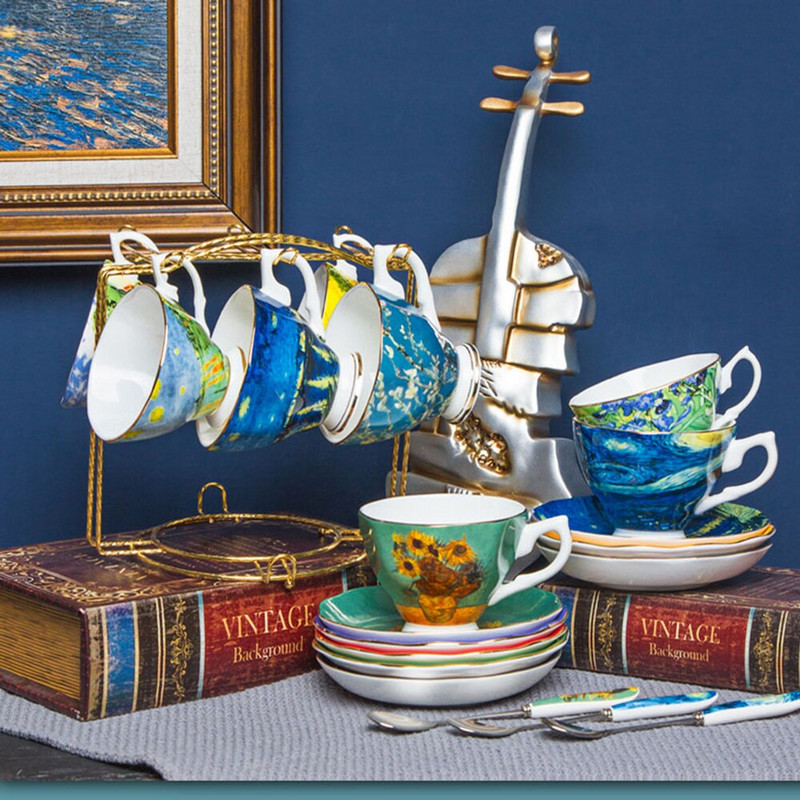 Szép híres olajfestmény Design Bone China kávéscsésze csészealj készletek napraforgó csillagos éjszakai művészet tea pohár Tasse Cafe Tazas