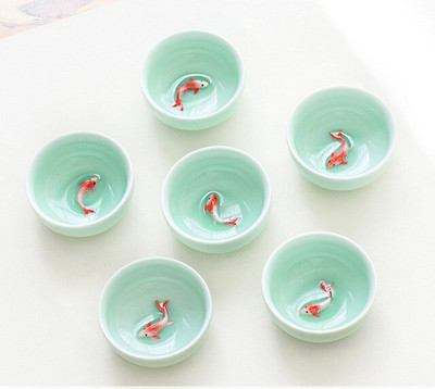 Új design 6db Celadon Golden Fish kínai teáskészlet,Kung Fu teáscsésze készlet Crackle Glaze Travel Tea Bowl kínai porcelán teáscsésze készlet