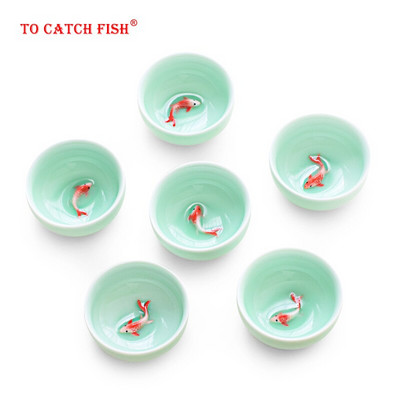 Jauna dizaina 6gab Celadon Golden Fish Ķīnas tējas komplekts,Kung Fu tējas krūzes komplekts Crackle Glaze Travel Tea Bowl Ķīniešu porcelāna tējas tasīšu komplekts