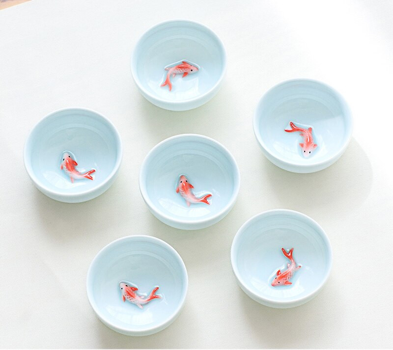 Új design 6db Celadon Golden Fish kínai teáskészlet,Kung Fu teáscsésze készlet Crackle Glaze Travel Tea Bowl kínai porcelán teáscsésze készlet