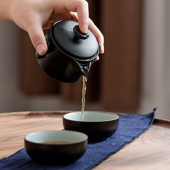 Висококачествена черна керамика 1 тенджера 2 чаши Сервизи за чай Преносими чаши за домашен офис за пътуване Керамичен контейнер за чай и кафе с чанта