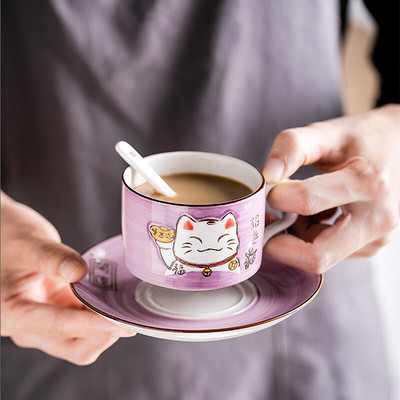 Set de căni și farfurii din ceramică cu desene animate japoneze, cană cu pisică norocoasă verde, cutie cadou cu lingură, consumabile de bucătărie pentru casă, articole de apă