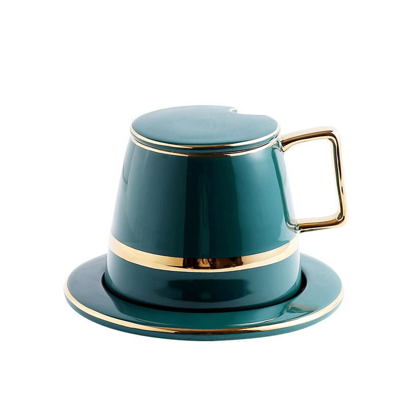 Európai luxus kerámia kávéscsésze szett fedéllel kávéskanál díszdoboz öltöny bögrék tej tea smaragdzöld italos 450 ml-es díszdoboz