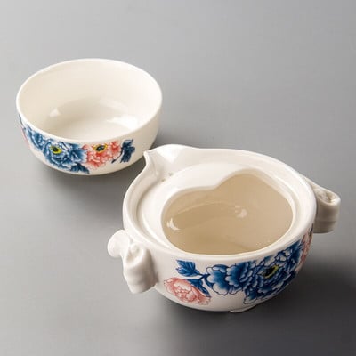 Zilā un baltā porcelāna tējas komplekts 1 katls 1 tase, augstas kvalitātes skaista un eleganta Gaiwan tējkanna un krūzes viegli ceļojoša tējkanna