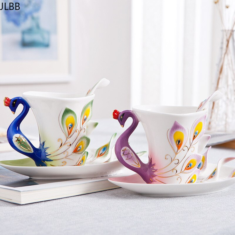 Kreatív 3D, kézzel készített porcelán zománcozott páva kávéscsésze készlet csészealjjal és kanállal, ajándék kerámia teáscsésze edényajándék