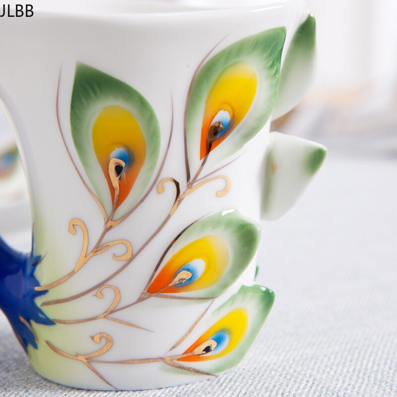 Kreatív 3D, kézzel készített porcelán zománcozott páva kávéscsésze készlet csészealjjal és kanállal, ajándék kerámia teáscsésze edényajándék