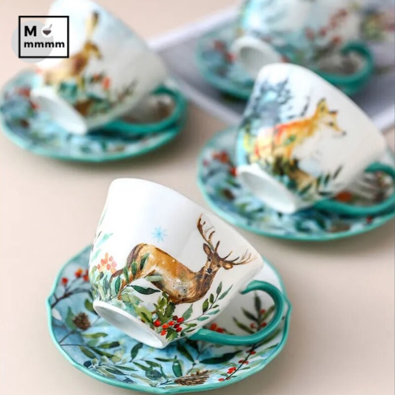 Drinkware Bts Cup Forest Animals Bögre csészealjakkal Espresso Cup Eredeti bögrék Kerámia bögrék Kávéscsészék szett desszerttányérral
