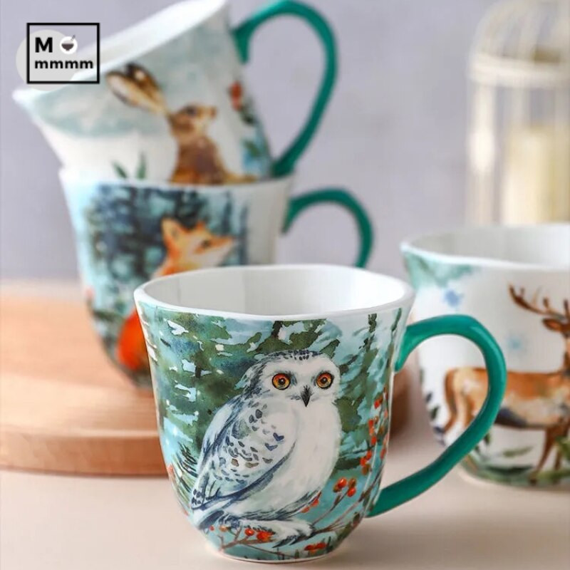 Drinkware Bts Cup Forest Animals Bögre csészealjakkal Espresso Cup Eredeti bögrék Kerámia bögrék Kávéscsészék szett desszerttányérral