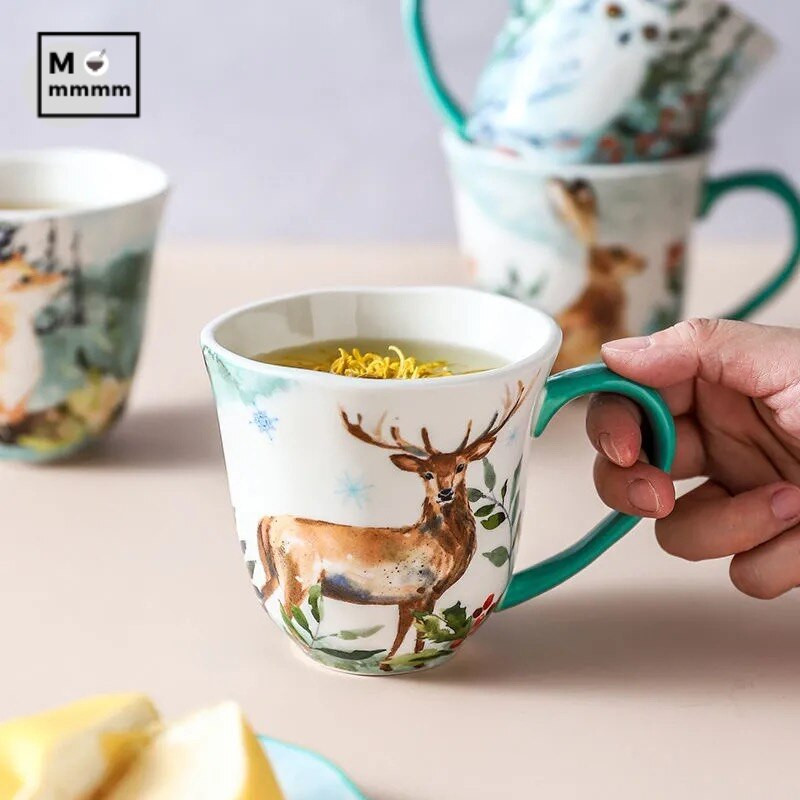 Drinkware Bts Cup Forest Animals Bögre csészealjakkal Espresso Cup Eredeti bögrék Kerámia bögrék Kávéscsészék szett desszerttányérral