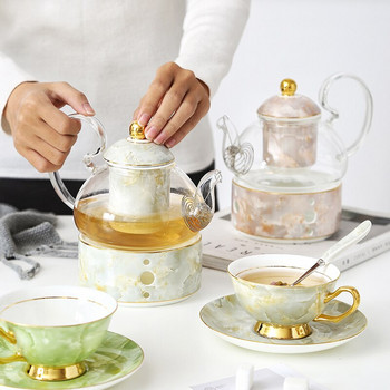 Висококачествен комплект чаши за кафе от костен Китай Мраморен порцеланов комплект чаши за чай и чинийки чаша за чай Чаено парти Домашно питие следобед Подаръци