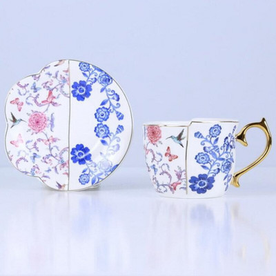 Europska ručno oslikana zlatna retro luksuzna šalica i tanjurić Set od emajlirane fajanse Plavo-bijeli porculan Poslijepodnevni cvijet Šalica za čaj