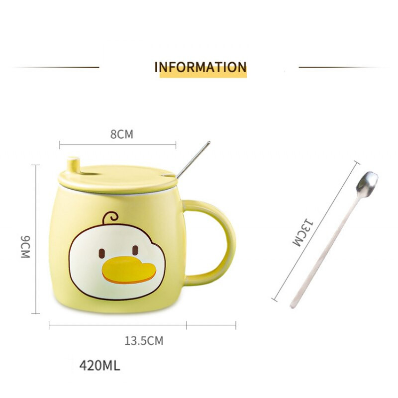 Kreativna mala žuta patka Šalica za čaj Slatka crtana keramička šalica sa poklopcem Žličica slatkog dizajna Emajlirana šalica za kavu Šalica za vodu za par 420 ml