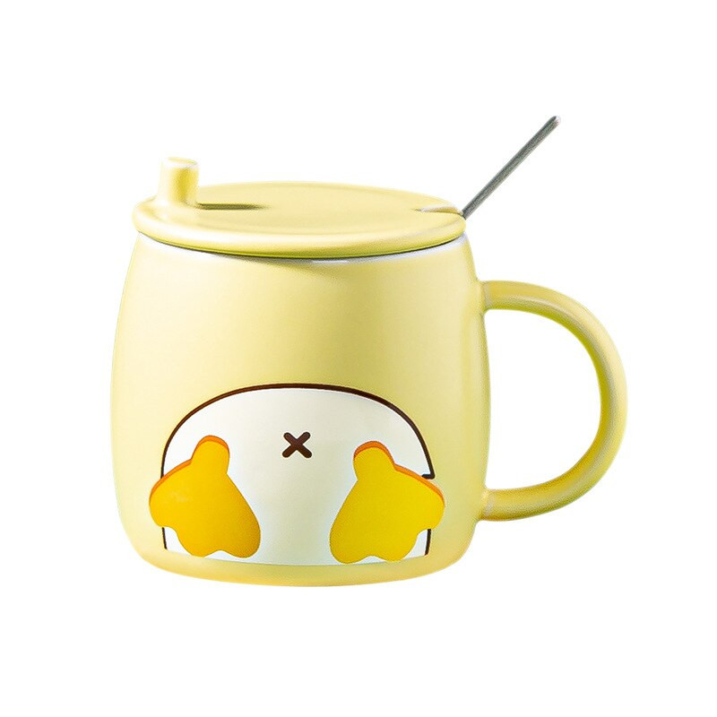 Kreativna mala žuta patka Šalica za čaj Slatka crtana keramička šalica sa poklopcem Žličica slatkog dizajna Emajlirana šalica za kavu Šalica za vodu za par 420 ml